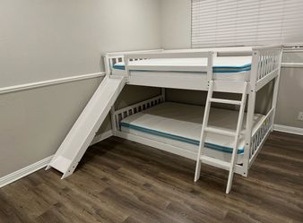 Full Over Full Floor Bunk Bed with Slide and Ladder,Solid Pine Wood Low Bunkbeds w/Safety Guardrails,No Box Spring Needed, for Boys/Girls/Kids Bedroom