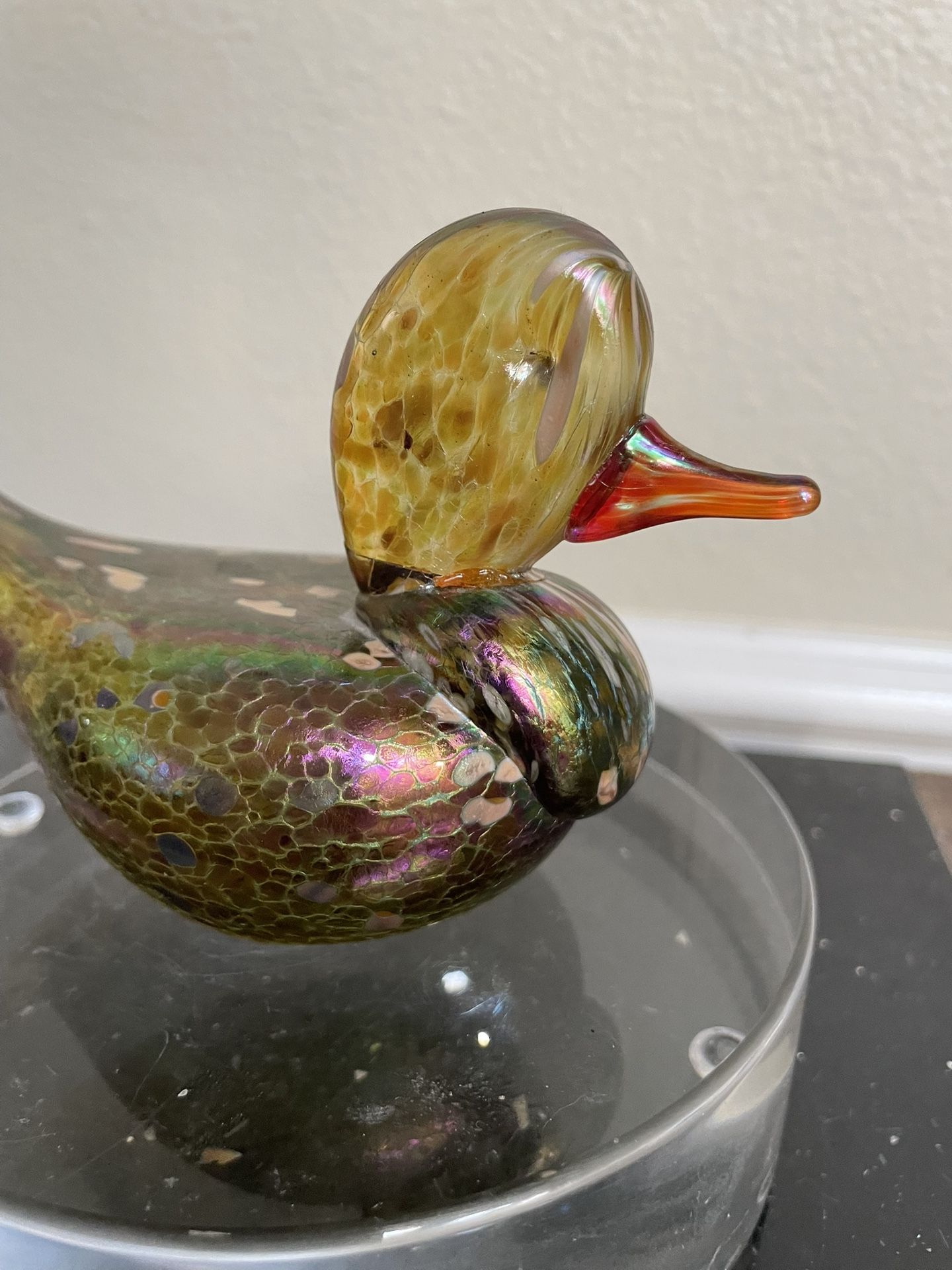 Vintage 90s Vines Studio Duck Bird Iridescent Art Glass Paperweight
