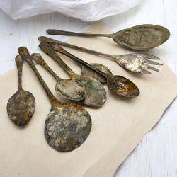 Antique EPNS Silverplate Serving Spoon & Fork Lot of 9 Victorian Rustic Decor