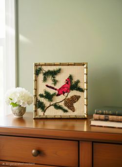Vintage Crewel Needlework Pair Cardinals 1940's Wool Thread Wood Frame 13"×13"