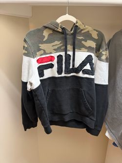 Fila Men's Hooded Pullover with Camo Yoke - Black, White & Olive