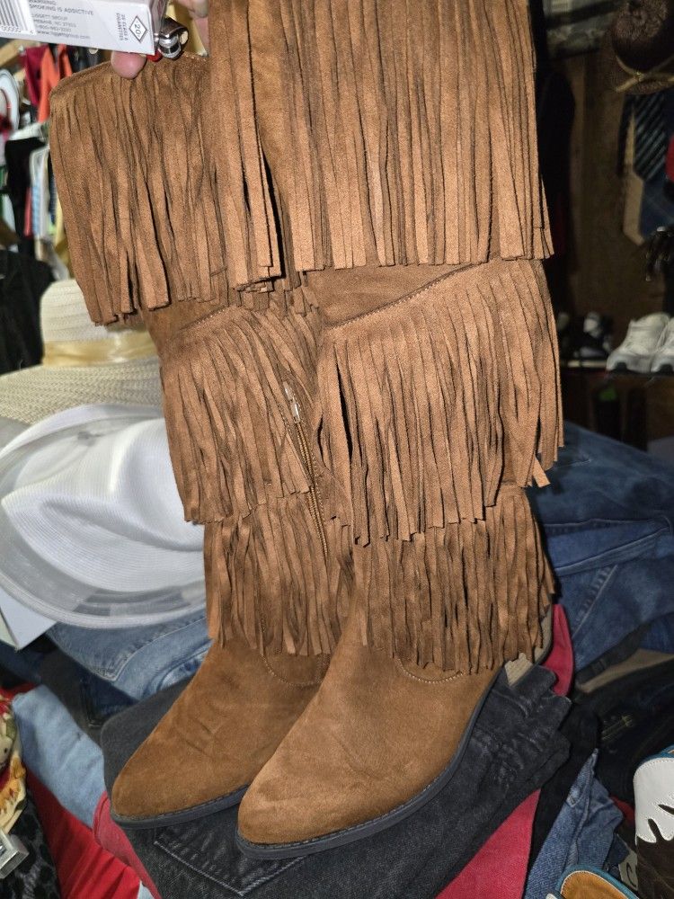 Brown Fringed Suede Boots Womans Size 8