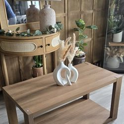 Farmhouse Wood Coffee Table - Boho Table with Storage Shelf, Rectangle Center Table