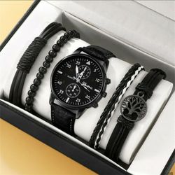 4 Pcs Draw String Bracelet And 1 Watch Ith Leather Band For Men