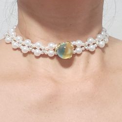 White faux pearls with two-tone stone choker necklace Gift