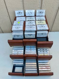 Vintage Audio Cassette Tapes Lot Of Over 100 Tapes W Wood Drawer 80s 90s Storys