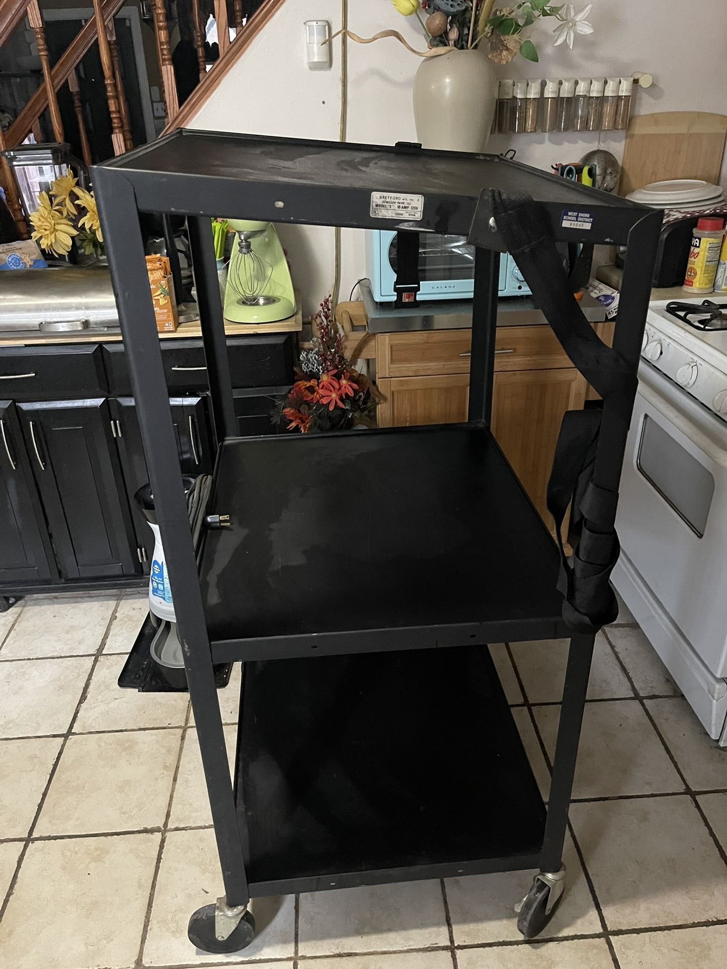3 Shelf Metal Utility cart - Steel Construction Mobile Presentation Cart Projection Cart with Power Strip - Durable Utility Cart AV Carts on Wheels -