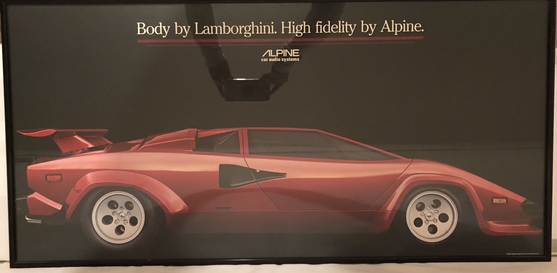 Vintage Lamborghini Alpine Electronics Framed Poster 1981 Size is 37” L x 18” H. Great shape.