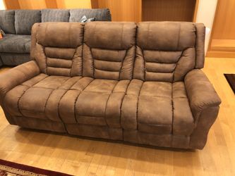 Light Brown Reclining Fabric Sofa and Loveseat Set