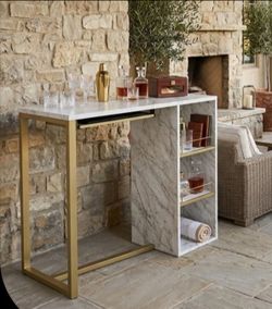 Faux Marble Top Bar Console Table with Gold Frame