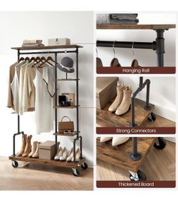 Clothes Rack, 5-Tier Garment Rack on Wheels, Industrial Pipe Style Rolling Clothes Organizer, Rustic Brown, DALSON Collection UHSR66BXV2