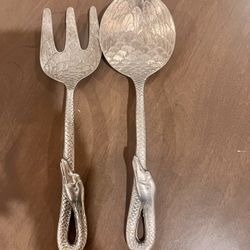 Salad Serving Spoon & Fork, Aluminum, Swan
