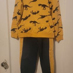 H&M Boy's Blue Sweat Pants With Yellow/ Printed Dinosaur Hoodie Size Small Ages 6-7 Years Old