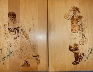 Signed Baseball Player Wood Burning Art Panels