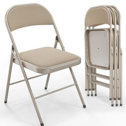Folding Chairs with Padded Seats, Metal Frame with Fabric Seat & Back, Capacity 350 lbs, Khaki, Set