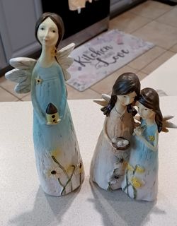 (2)Fairy Angels With Bird Nest (1) Angel Flower Fairy. Used Like New.. Very Good Condition. 