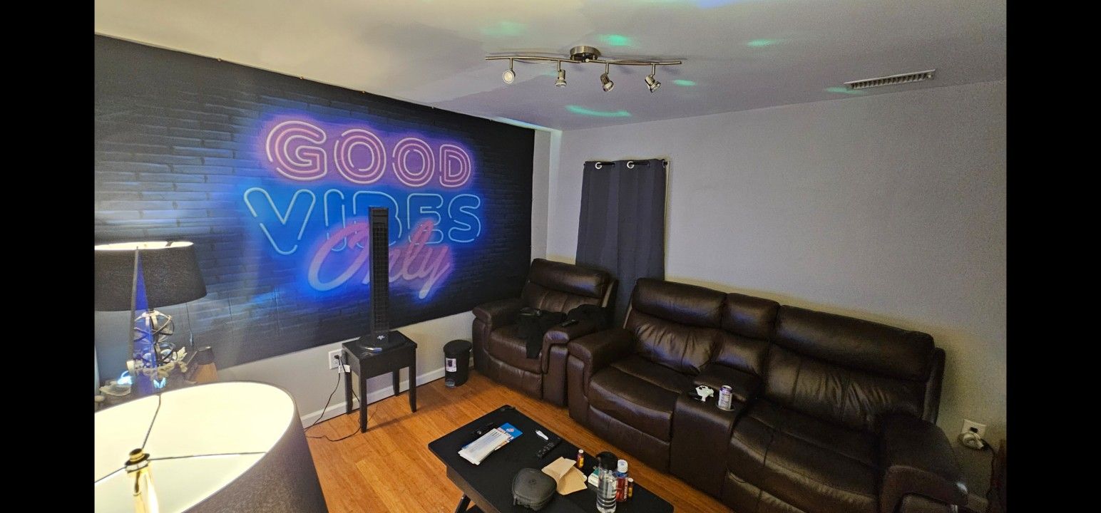 Sofa Set, TV, Sound Bar, End Tables, Lamps, Coffee Table.