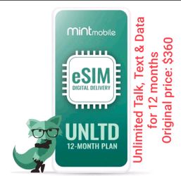 Mint Mobile Prepaid 12 months unlimited plan - unlimited data, talk and text - prepaid contained $360 credit