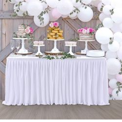 White Table Skirts for Rectangle Tables 6ft Polyester Pleated Table Skirt Ruffle Tablecloth for Wedding Birthday Party Baby Shower Bridal Shower Banqu