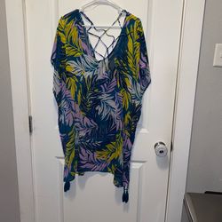 New with tags Palisades Beach Club XL/XXL Coverup Teal Lavender Web Back Tassels Swim Tropical