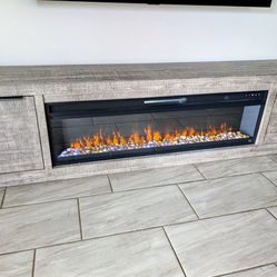 Ashley Krystanza 92" TV Stand with Large Electric Fireplace - Gray