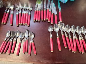 Vintage Mid-Century Modern Red Handle Stainless Flatware Set – Made in Japan – 29 Pieces