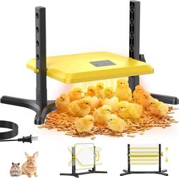 Versatile chick brooder heater is yellow and black with a plastic and metal construction. It has an adjustable height ranging from 3.74 to 8.46 inches