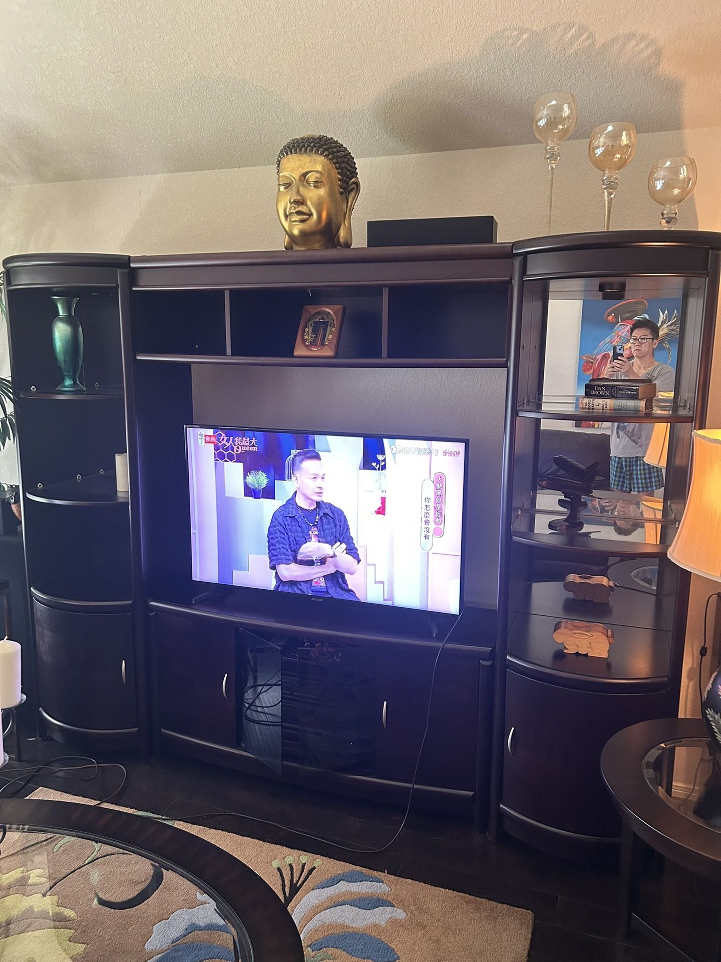 Dark Brown Wood Entertainment Center With Lighted Shelves