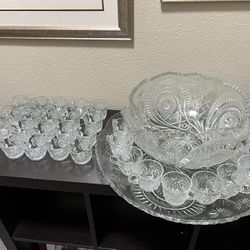 Vintage Glass Punch Bowl Set – 36 Cups + Matching Base Plate