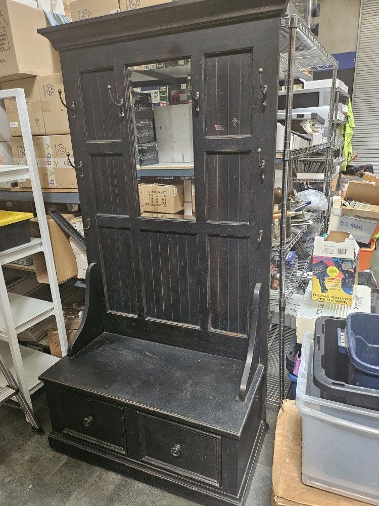 Ethan Allen Front Entry  Mud Room Hall Tree Storage Bench With 2 Drawers Black Coat Hooks Mirror
