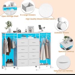 New in box. 59.1" W Dresser for Bedroom with Hanging Rack, 8 Drawer Dresser with LED Lights & Charging Station, Fabric Dressers with Portable Wheels,M