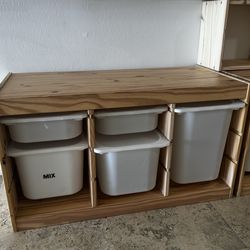 IKEA TROFAST Solid Wood Storage System (3 Units + 2 Top Shelves + Many Bins) – Playroom Setup
