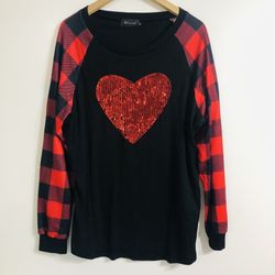G for PL women’s Top heart sequins red black plaid long sleevees black.XL