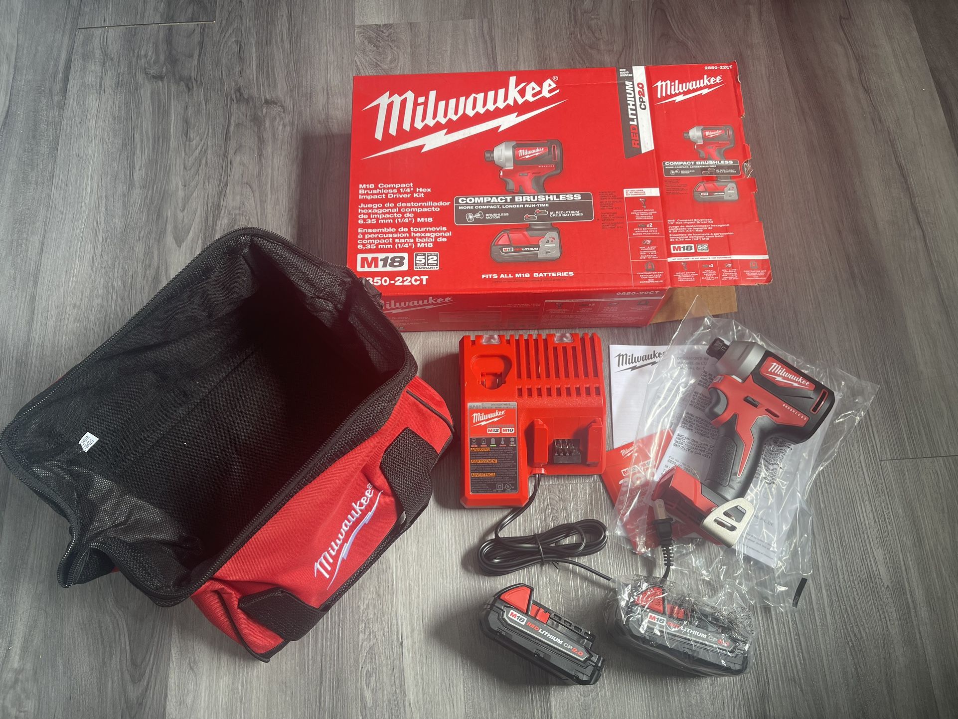 Milwaukee M12 Impact Driver, batteries, Charger, Contractor Bag