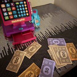Pink & Purple Toy Cash Register with Microphone, Scanner, and Play Money