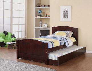 Brand new dark cherry or white twin platform bedframe with twin trundle (80" x 42" x 36"H, HB 36", FB 23" )