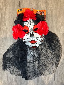 Sugar Skull Mask with Black Lace Veil & Red Flowers – Halloween Costume Accessory