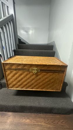 1970 Vintage Woven Rattan Storage Trunk with Brass Latch