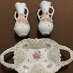 Pair Of Tilso: Vintage Lefton cosmos vase (Japan) & Jlmenau Graf Von Hennenberg Porcelain hand enamelled Bowl