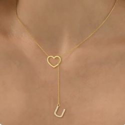 U Initial Heart Necklace for Women 14k Gold Plated Cubic Zirconia Letter Pendant Necklace Dainty Necklaces