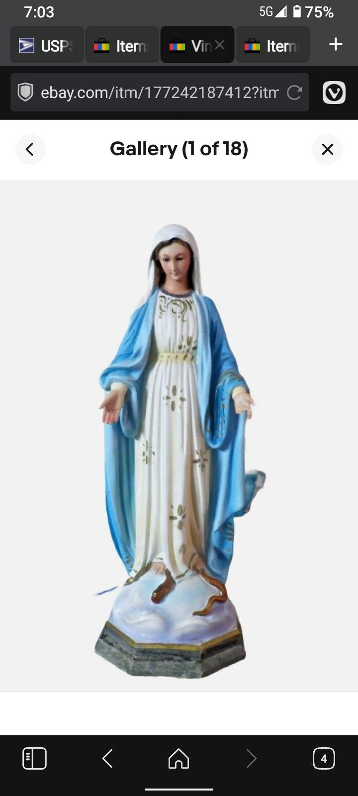 Vintage Virgin Mary Our Lady of Miraculous Medal Statue Santo Glass Eyes Dimosa
