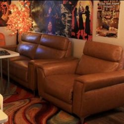 Great Condition Genuine Leather Orange Reclining Sofa & Reclining Chair; Best Offer, Paid $1,885