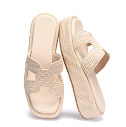 Monrovia Raffia Platform Sandals For Women Low Platform Slip On Open Toe Summer Beach Shoes With Memory Foam Insole And Non Slip Rubber Sole Beige Siz