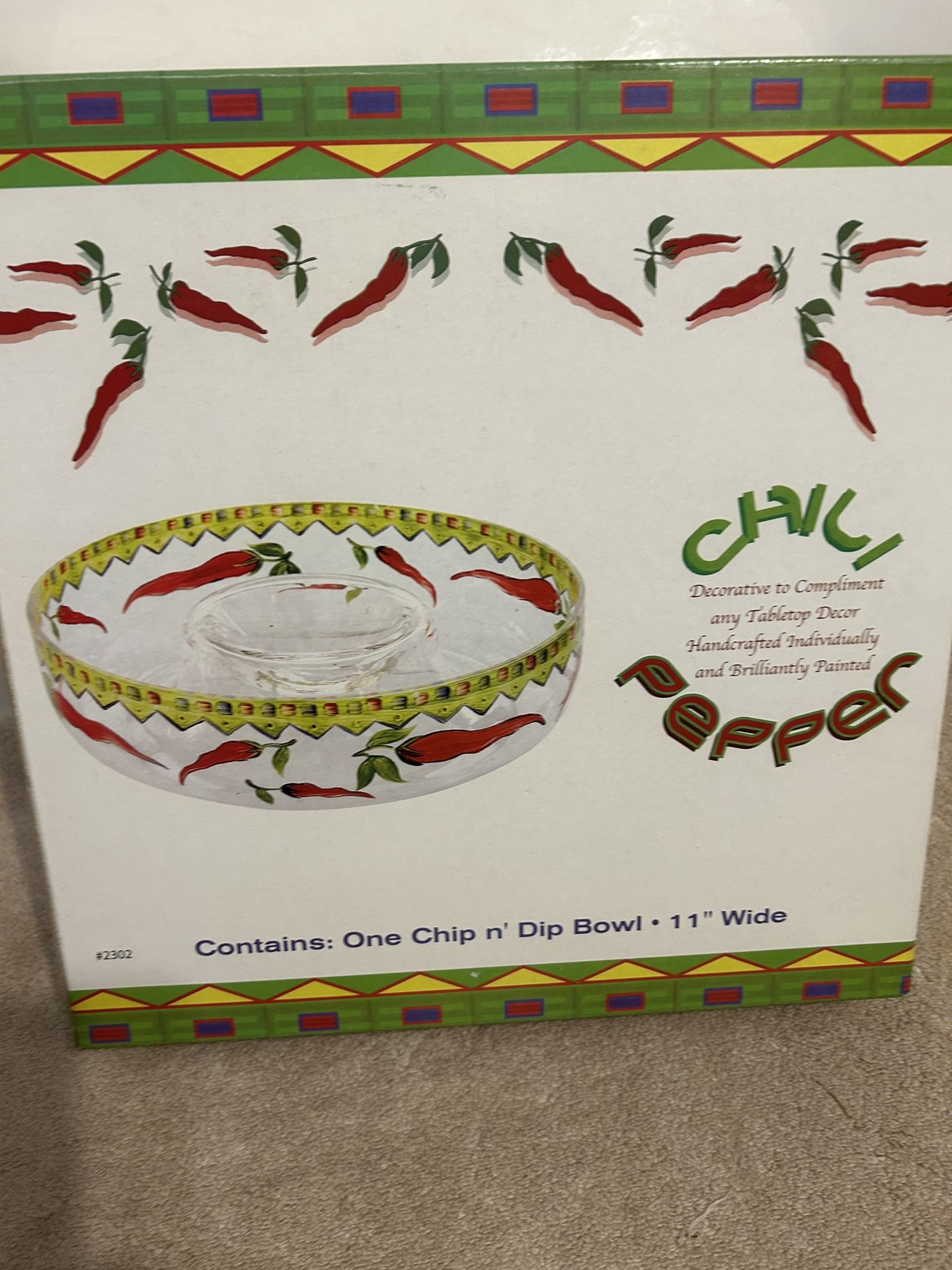 Chip & Dip Glass Set With Red Chili Peppers 11” Wide (New)