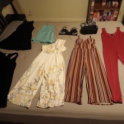 Womens Jumpsuits And Dresses, Shirts, Bra And Pink Purse