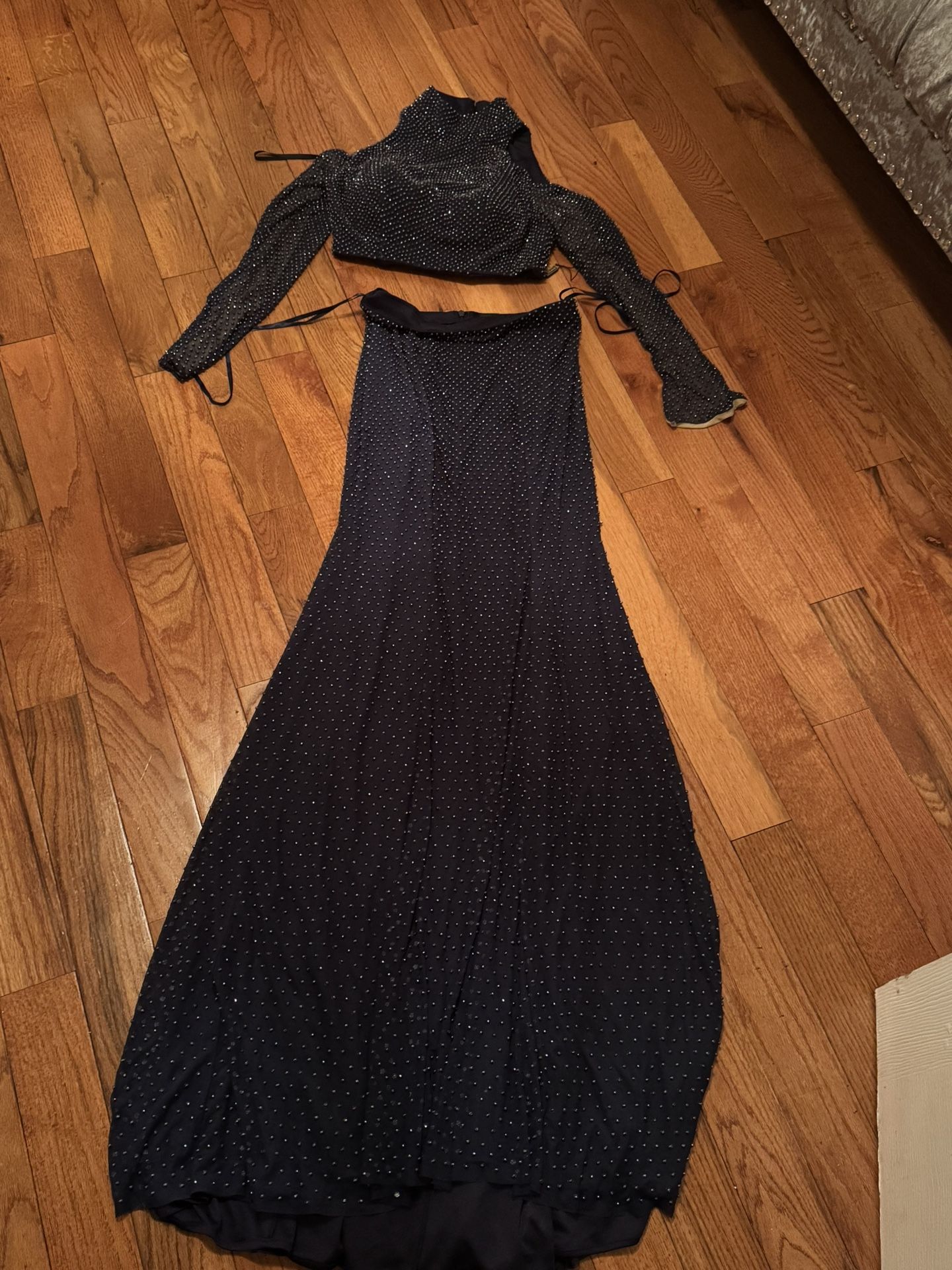 Navy Blue Two Pieces Set Dress Rhinestone New 