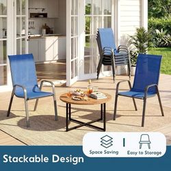 C176 $100   5 Pieces Outdoor Patio Dining Set, Glass Table and Textilene Chair Stackable Chairs for Saving Space, 30"X30" Table with Metal Frame, 1.69