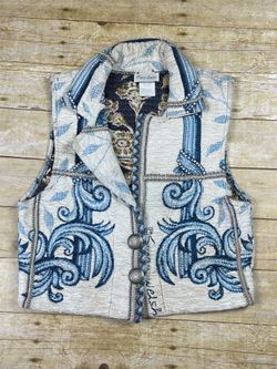 Vintage Paco Soler Susan Welsh Tapestry Vest Blue Cream Western Boho S/M USA