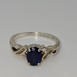 Sapphire W/ Single Cut Diamonds, Silver With Yellow & White Gold Plated