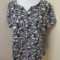 Tropical Print Black & White Cotton Top Size Petite Large 